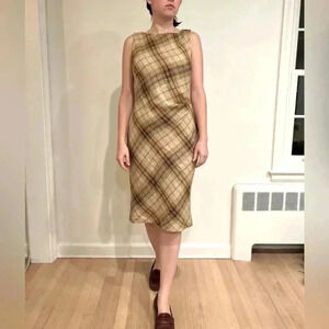 Vintage KAY UNGER Wool Tweed Plaid Fall Sleeveless Dress SZ 12/L Ralph Lauren